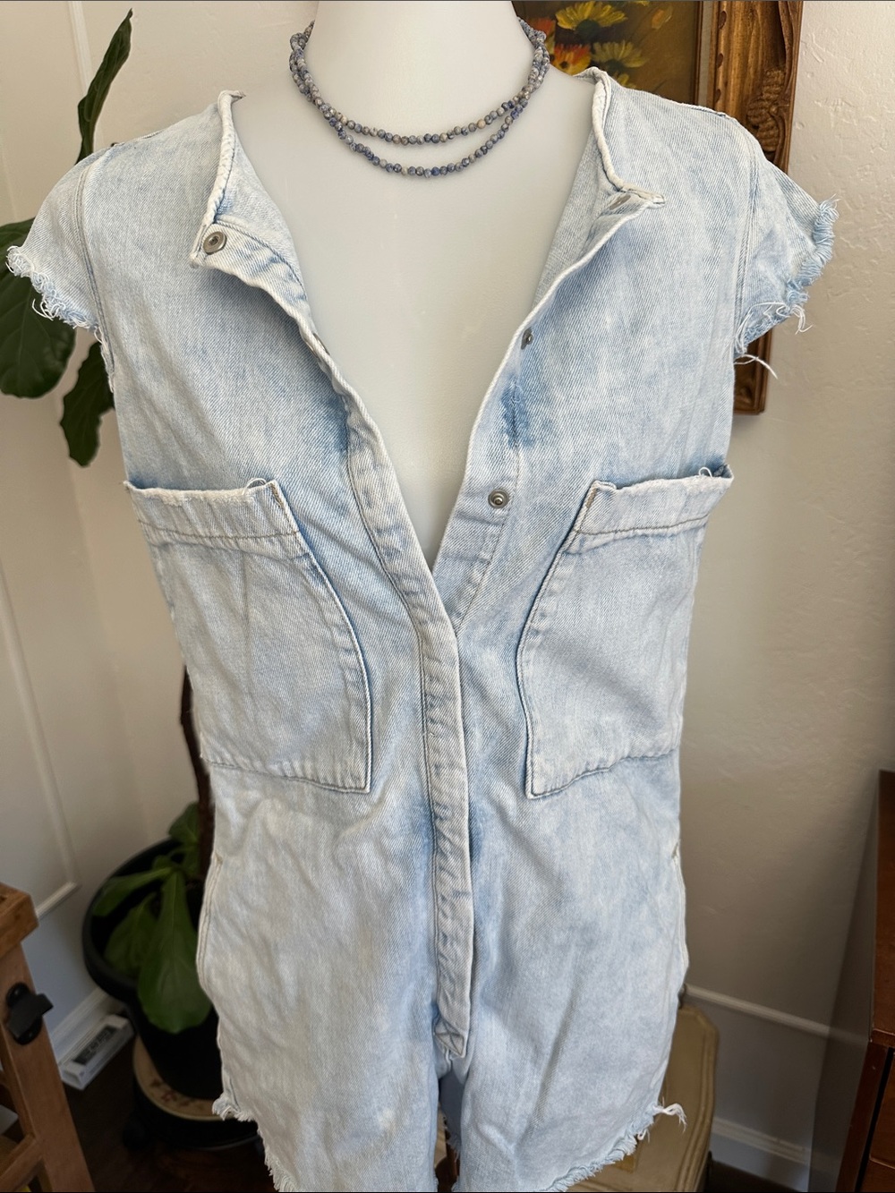Light Wash Denim Romper - Sleeveless Button Front